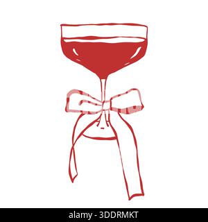 Wein, Champagner oder Martini-Glas mit Schleife. Vektorrote Umrissillustration eines Glasbechers für Weihnachten, Valentinstag, Hochzeiten und Geburtstage. Stock Vektor