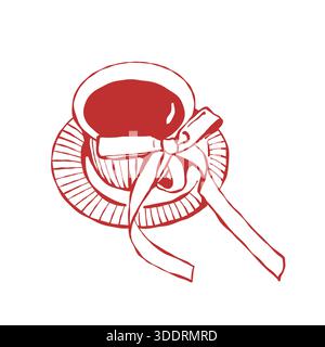 Eine elegante Tee- oder Kaffeetasse mit Schleife. Vintage-Tee-Set. Vektorkontur skurrile Illustration in Rot. Stock Vektor