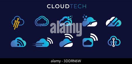 Cloud-Technologie-Symbole mit verschiedenen Cloud-Computing- und Technologiesymbolen Stock Vektor