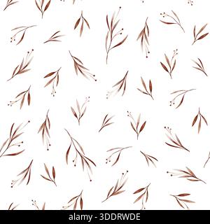 Nahtloses Aquarellmuster mit braunen Blumenflecken mit Blättern. Hand gezeichnete Illustration wiederholen Ornament mit Pflanzen auf isoliertem weißem Hintergrund Stockfoto