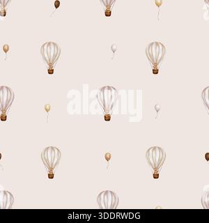 Wiederholen Sie das Muster mit Heißluftballons, Heliumballons und Bären. Nahtloser Hintergrund mit Aquarellfarben für Kinder. Niedliches Muster für kindliches Textildesign oder Stockfoto