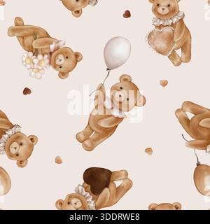 Nahtloses Muster mit niedlichem Teddybär in Aquarellfarben, der Ballon und Herz hält. Wiederhole das Ornament mit dem Valentine Brown Bärenspielzeug mit Vintage Jabot Kragen Stockfoto