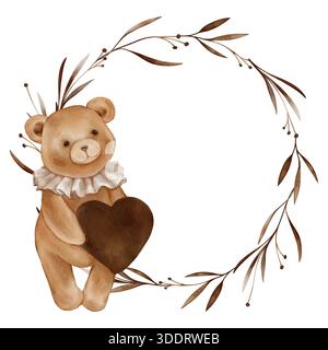Runde Chaplet mit braunen Pflanzen und süßem Teddybär mit Herz. Handgezeichnete Illustration Kreiskranz, mit Zweigen und entzückend Stockfoto