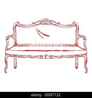 Klassisches Sofa. Romantisches Interieur. Barock-Stil. Klassische geschnitzte Möbel. Clipart mit rotem Vektor. Handgezeichnete Vintage-Illustration Stock Vektor