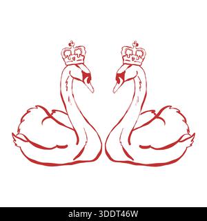 Minimalistische Illustration eines Schwänenpaares mit Kronen im Vintage-Stil. Roter linearer Clip Art. Vektor-Umrissillustration für Valentinstag oder Hochzeiten. Stock Vektor