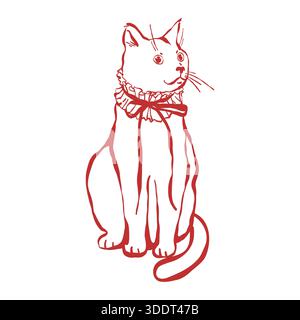 Vektorumriss-Illustration einer realistischen aristokratischen Katze mit einer Schleife am Hals. Die Katze trägt einen Vintage-Anzug. Lineares rotes Clipart Stock Vektor
