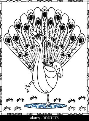 Grace of Nature: Der majestätische Pfau in künstlerischer Linienkunst Peacock Malseite Für Kinder Und Erwachsene. Stock Vektor