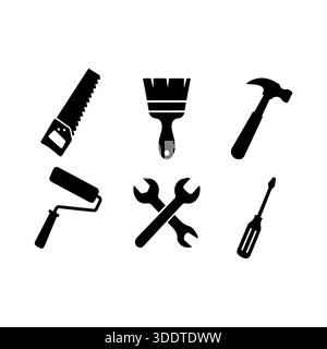 Extras Silhouette auf weißem Hintergrund, Schwarzweiß-Grafik, die verschiedene Symbole für DIY-Werkzeuge darstellt Stock Vektor