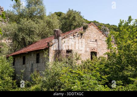 Altes verlassenes Haus im Bergwald in Bulgarien. Stockfoto