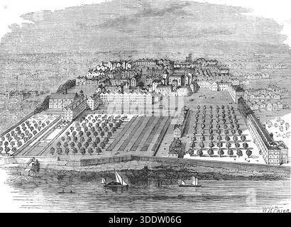 Ein Blick aus der Vogelperspektive auf den Tempel und seine Gärten in London, wie sie 1671 erschienen. Stockfoto