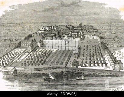 Ein Blick aus der Vogelperspektive auf den Tempel und seine Gärten in London, wie sie 1671 erschienen. Stockfoto