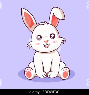 Entzückende Weiße Karikatur Kaninchen Sitzend Glücklich Vektor Illustration Kawaii Design Stock Vektor
