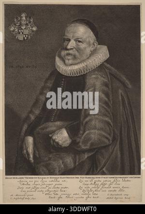 Historisch graviertes Porträt von Gillis de Glarges, das einen sitzenden niederländischen Adligen in Pelzbekleidung mit Rüschenkragen darstellt, nach einem Gemälde von Michiel van Miereveld. Stich von Jonas Suyderhoff im Jahr 1643. Stockfoto
