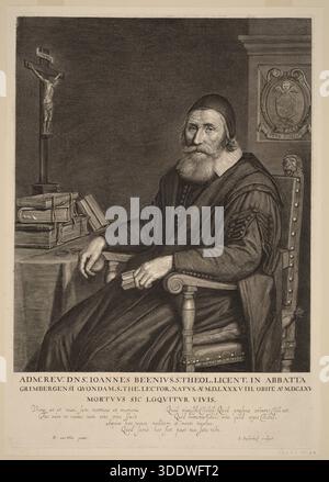 In einem Innenraum mit Büchern, Kruzifix und Wappentafel nach Hendrik Cornelisz van Vliet, Stich von Jonas Suyderhoff, datiert 1661. Stockfoto