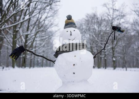 Schneefall, Impressionen aus dem Tiergarten, Berlin, 03.01.2026 ein Schneemann steht im Berliner Tiergarten am 03.01.2026 Berlin Tiergarten *** Schneefall, Impressionen aus dem Tiergarten, Berlin, 03 01 2026 Ein Schneemann steht im Berliner Tiergarten am 03 01 2026 Berlin Tiergarten Copyright: XBenxKriemannx Stockfoto