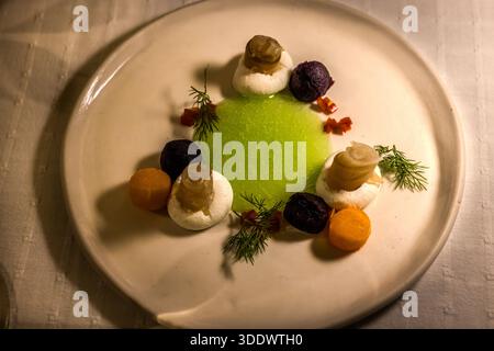 Likorinos im mit einem Michelin-Stern ausgezeichneten Restaurant Revithia: Geräucherter roter Flusswelse, Nevşehir Baş-Käse, rote und orangene Karottenbällchen. Ürgüp, Zentralanatolien, Türkei Stockfoto