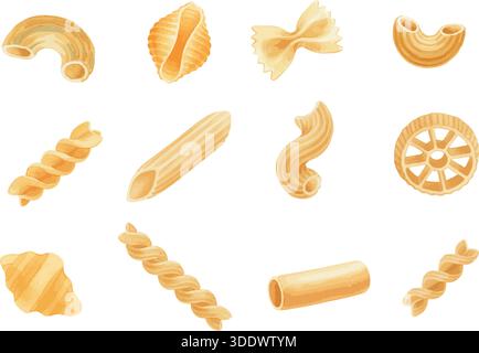 Eine Aquarellkollektion verschiedener italienischer Nudelsorten. Handgezeichnetes Set mit Penne, Farfalle, Fusilli, Makkaroni und anderen Formen. Stock Vektor