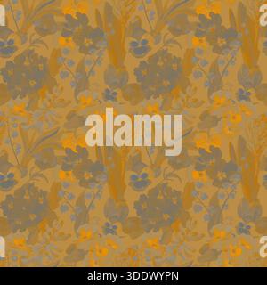 Nahtloses Muster mit beigefarbenen Blumen. Frühling Gartenblumen Hintergrund. Lily of the Valley, Primrose, Ringelblumen und Hyazinthen zeichnen sich in hellen Farben aus Stockfoto