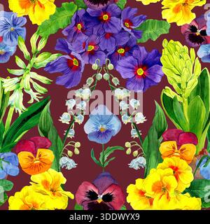 Nahtloses Muster mit Frühlingsblumen in Aquarellen. Cottage Garden Flower. Lilly aus dem Tal, Primrose, Ringelblume, Hyazinthe, Stiefmütterchen. Vorlage für Fabric Stockfoto