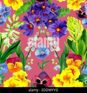 Nahtloses Muster mit Frühlingsblumen in Aquarellen. Cottage Garden Flower. Lilly aus dem Tal, Primrose, Ringelblume, Hyazinthe, Stiefmütterchen. Vorlage für Fabric Stockfoto