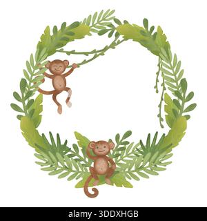 Runder grüner Kranz, Rahmen mit tropischen Blättern, Affen, Lianen. Vorlage mit rundem Leerzeichen zum Kopieren. Zeichentrickillustration in flachem Stil. Pastellfarben Stockfoto