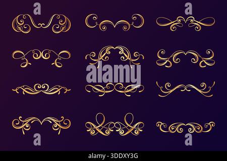 Goldene Kollektion mit dekorativen Bändern und Trennelementen. Hochzeitsschmuck filigran. Kalligraphische viktorianische Zeichen mit Blüten. Florale kalligraphische Linien Stock Vektor