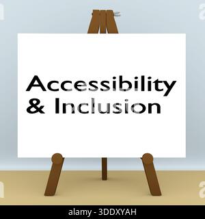 3D-Abbildung eines Stativs mit dem Skript „Barrierefreiheit und Einbeziehung“. Stockfoto