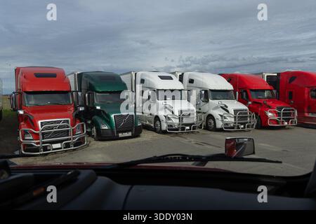 Mehrere Lkw stehen in einer Reihe auf einem Rastplatz. Die Fahrzeuge haben verschiedene Farben, einschließlich Rot, weiß und Grün. Stockfoto
