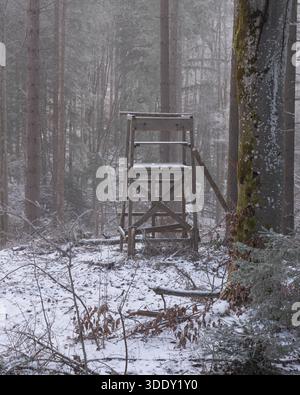 Hochsitz oder Barsch- oder Hirschstand im Bayerischen Wald im Winter 2025 - Jagdfoto Stockfoto