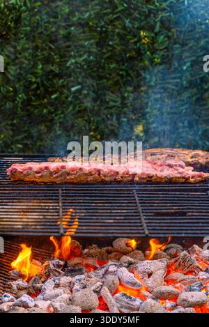 Vertikales Foto von Schweinerippchen, die auf einem rauchigen Holzkohlegrill mit hellen orangen Flammen und einem grünen Laubhintergrund von einem Gartenzaun grillen. Stockfoto