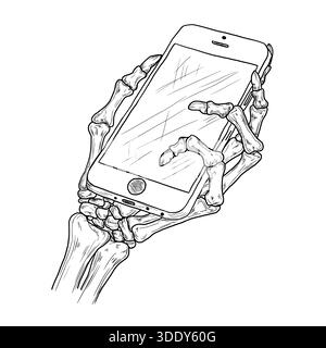 Skeletthand mit knöchernen Fingern, Telefon halten, schwarz-weiße Skizze. Vektorabbildung. Die Hand des Toten, isoliert auf weißem Hintergrund. Für Ausdrucke Stock Vektor