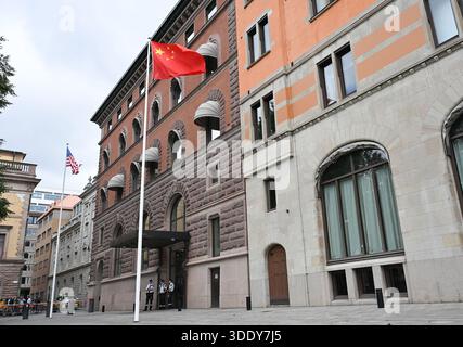 (260104) -- PEKING, 4. Januar 2026 (Xinhua) -- dieses Foto vom 29. Juli 2025 zeigt eine Außenansicht des Ortes der China-US-Handelsgespräche in Stockholm, Schweden. (Xinhua/Dai Tianfang) Stockfoto