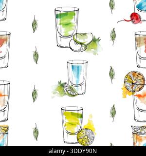 Lemon Drop, Appletini oder Absinth, elektrische Blue Kamikaze, Flatliner Shots. Farbenfrohes Mosaik aus mehrschichtigen Silhouetten auf handgezeichnetem Aquarell Stockfoto