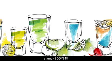 Elektrische blaue Kamikaze, grüner Appletini oder Absinth, Zitronensaft mit Kirsche und Limette. Aquarell und Tinte nahtlose Kopfzeile von Party alkoholischen Getränken und Stockfoto
