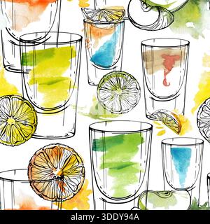 Cocktail, aromatisierter Saft, Limonade, alkoholische Getränke. Aquarellwiederholung mit Neonfarben, handgezeichnete Gläser mit Tintenlinien Stockfoto