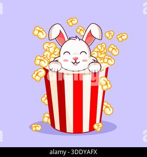 Glücklicher Häschen in Popcorn Eimer Vektor Illustration Cartoon Design Kawaii Stock Vektor