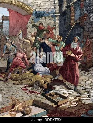 Vertreibung von Juden aus Frankreich im Jahre 1182 - Juifs depouilles de leurs biens et Chasses de France au 12eme siecle - gravure du 19eme siecle Stockfoto