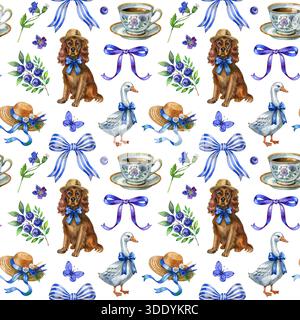 Vintage nahtlose Aquarellillustration mit bezaubernden Cottagecore-Motiven: Hund in einem Hut, Gans mit Schleife, florale Teetassen, Bänder, Schmetterlinge Stockfoto