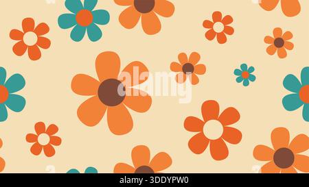 Ein lebendiges nahtloses Vektormuster mit Retro-Blumen in Orange, Petrol und Braun auf cremefarbenem Hintergrund, perfekt für Vintage-Themen Stock Vektor