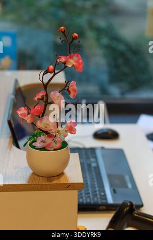 Vergossene Kirschblüten Dekoration auf hölzernem Schreibtischrand mit Laptop im Hintergrund Stockfoto