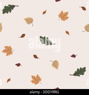 Ein einfaches, schickes, sich wiederholendes Vektormuster mit Eichen-, Ahorn- und Birkenblättern in einer gedämpften, erdigen Farbpalette. Perfekt für herbstliche Hintergründe, Stoff, Stock Vektor