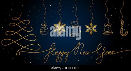 Eine luxuriöse Vektor-Illustration mit einem durchgehenden goldenen Weihnachtsbaum und einem Happy New Year-Skript, mit fünf hängenden, komplizierten Goldschnee Stock Vektor