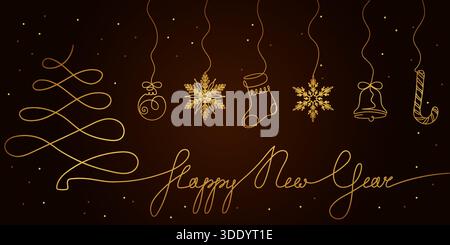 Eine luxuriöse Vektor-Illustration mit einem durchgehenden goldenen Weihnachtsbaum und einem Happy New Year-Skript, mit fünf hängenden, komplizierten Goldschnee Stock Vektor