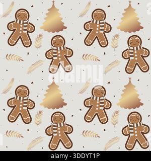 Ein fröhliches, festliches nahtloses Muster mit süßen Lebkuchenmännern mit Schals und stilisierten goldenen Weihnachtsbäumen auf einem warmen, neutralen Hintergrund Stock Vektor