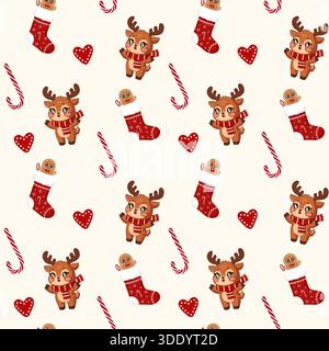 Ein süßes und sich wiederholendes Weihnachtsmuster mit charmanten Kawaii-Rentieren in Schals, roten Strümpfen mit Lebkuchenmännern, Zuckerstangen und Stock Vektor