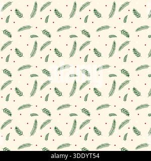 Ein festliches, von Hand gezeichnetes nahtloses Muster mit grünen Kiefern und Farnzweigen mit verstreuten roten und weißen Beeren auf einem weichen cremefarbenen Hintergrund, perfekt für Stock Vektor