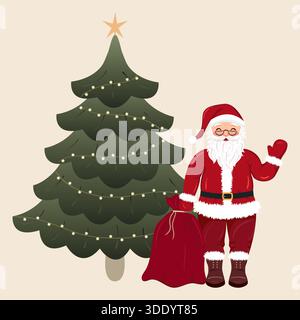 Eine bezaubernde Vektor-Illustration eines traditionellen Weihnachtsmanns, der seinen roten Geschenksack hält und winkt, neben einem geschmückten Weihnachtsbaum mit LIG steht Stock Vektor