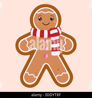 Eine bezaubernde Vektor-Illustration eines glücklichen Lebkuchenmanns Keks, verziert mit weißer Glasur, rosa Knöpfen und einem gemütlichen rot-weiß gestreiften Schal Stock Vektor