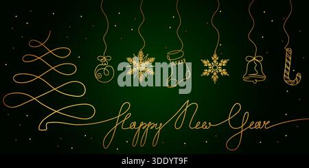 Eine luxuriöse Vektor-Illustration mit einem durchgehenden goldenen Weihnachtsbaum und einem Happy New Year-Skript, mit fünf hängenden, komplizierten Goldschnee Stock Vektor