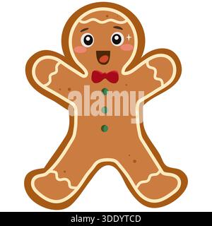 Eine bezaubernde Zeichentrickfigur eines glücklichen Lebkuchenmanns Keks mit einem süßen lächelnden Gesicht rosa Wangen funkelnden Augen und einer roten Schleife perfekt Stock Vektor